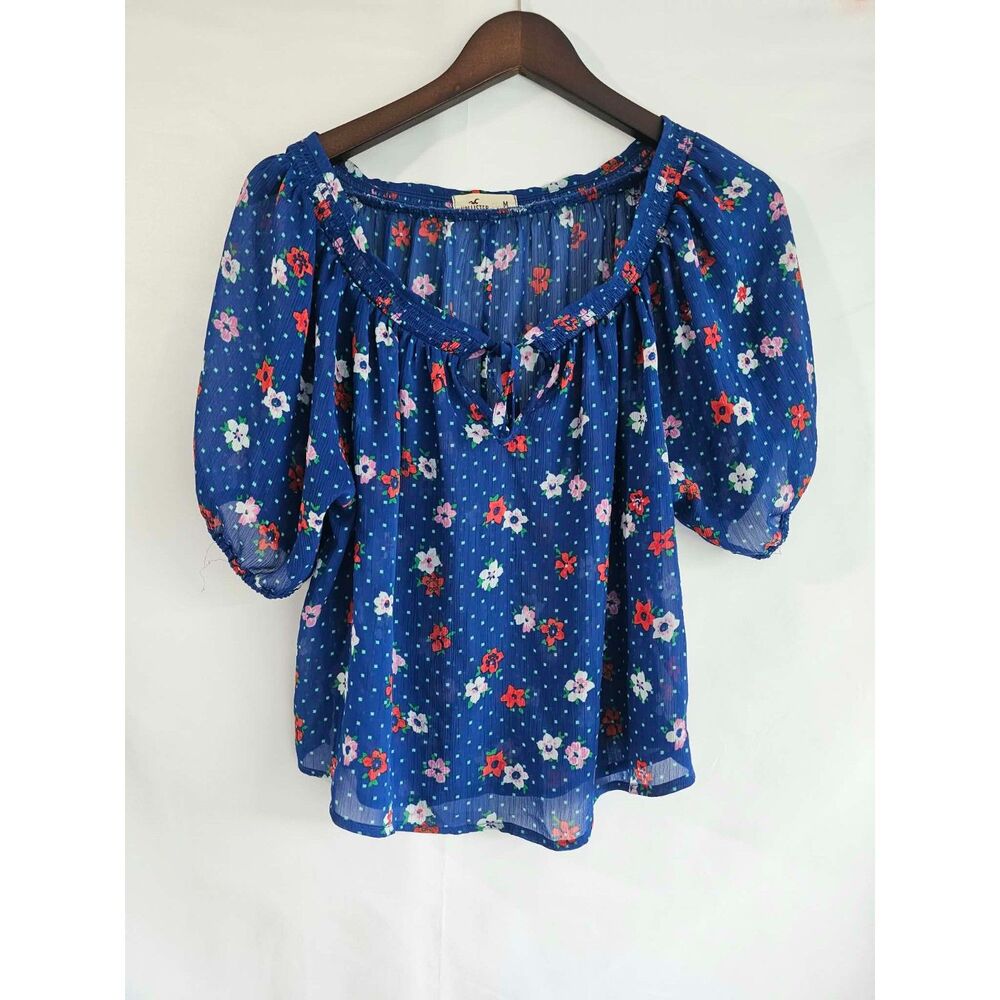 Hollister M Navy Floral Puff Sleeve Peasant Blouse Top